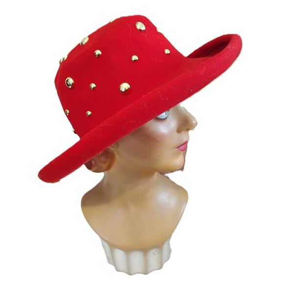 80s 90s Vintage Red Bollman Wool Hat with Gold Studs, Size 23 - Picture 4 of 5
